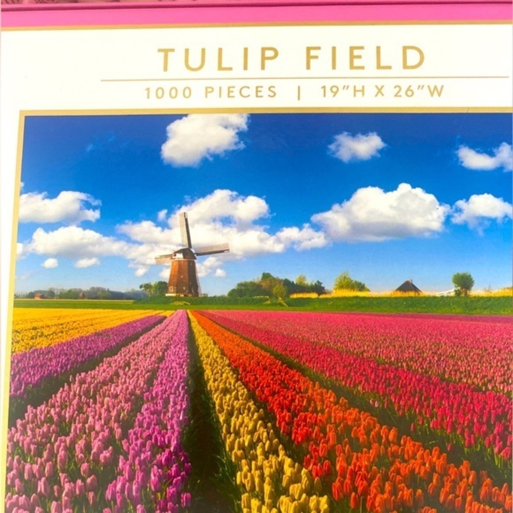 Pink Sky  Tulip Field - 1000 Piece Puzzle  19x26 pinks , blues , greens